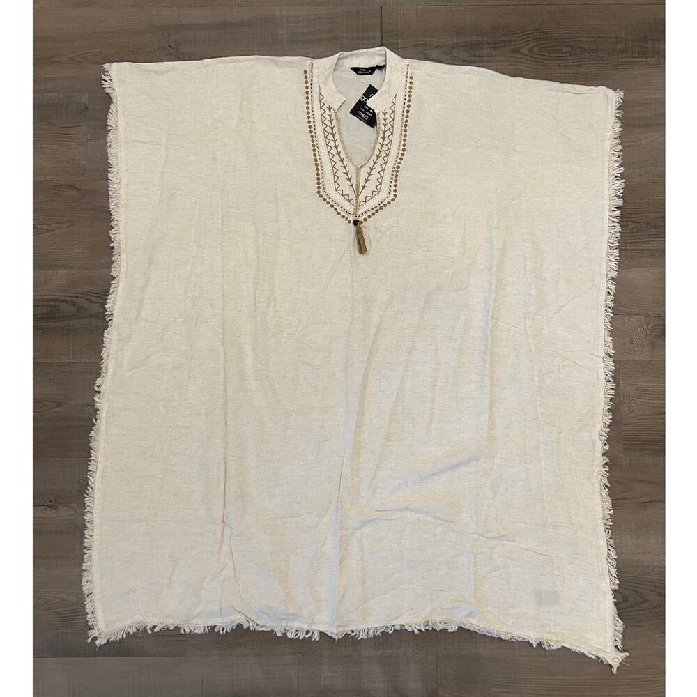 NWT Mlle Gabrielle Cotton Linen Blend Embroidered Caftan Poncho Cover Up